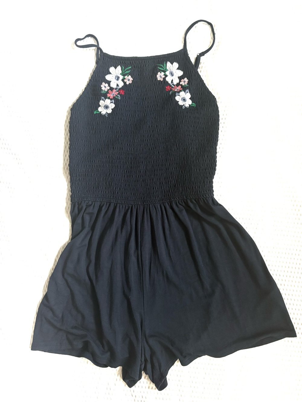 Hollister Navy Blue Floral Embroidered Romper